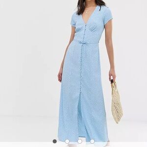Vero Moda Asos Tall Blue White Polka Dot V Neck Short Sleeve Button Maxi Dress